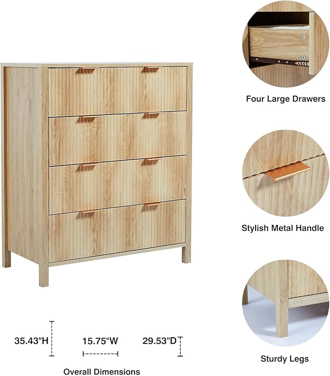 4 Drawer Dressers for Bedroom, Modern Closet Chest of Drawers with Waveform Fluted Panel, Large Wood Storage Dresser Organizer for Nursery Bedroom Living Room Hallway Closet, Natural