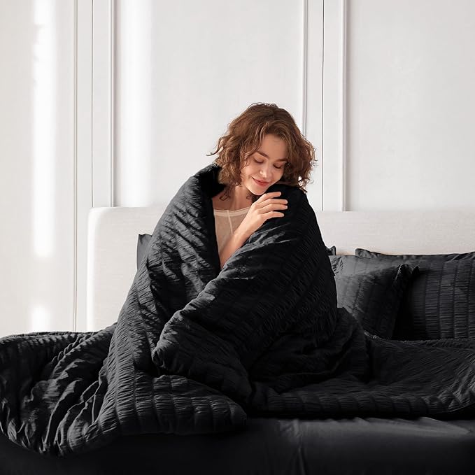 MUXHOMO 7 Pieces Full Comforter Set, Seersucker Bed in a Bag Full Size, All Season Luxury Bedding Set with Comforter, Flat Sheet, Fitted Sheet, Pillowcases & Shams, Black