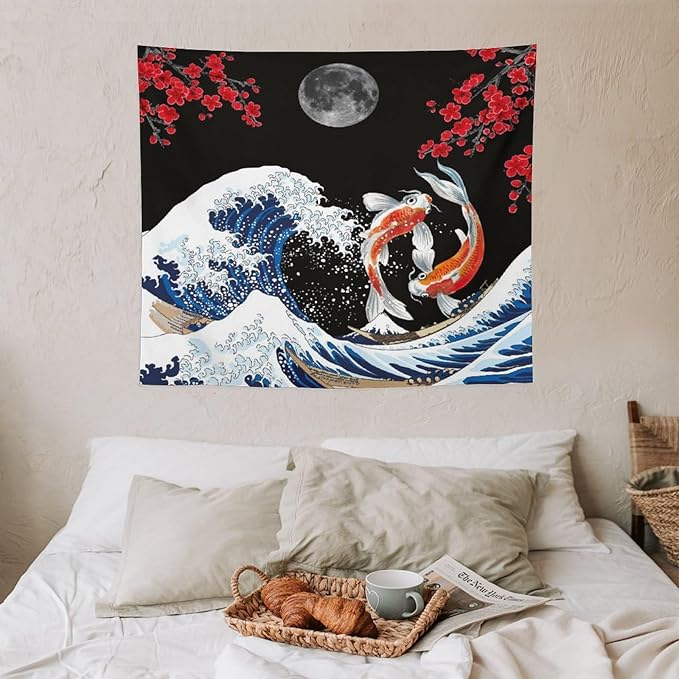 Houselerax Japanese Koi Fish Tapestry, Yin Yang Big Wave Red Cherry Blossom Tapestries Wall Hanging for Bedroom Living Room Office Decor 60"x50"