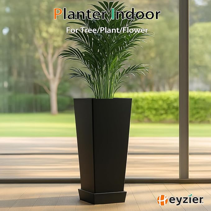 Tall Planters for Outdoor Plants, Large Resin Flower Pots with Saucers for Garden, Front Porch, Patio, Indoor - Set of 2 (Black, 30 inch - 2 Pack)