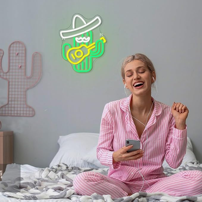 WLHOPE Cactus Neon Sign Cowboy Hat LED Signs Green Led Neon Signs for Wall Decor, Guitar Cactus Neon Led Signs USB Anime Neon Light for Bedroom Game Room Kids Room Home Bar Party Shop Gift