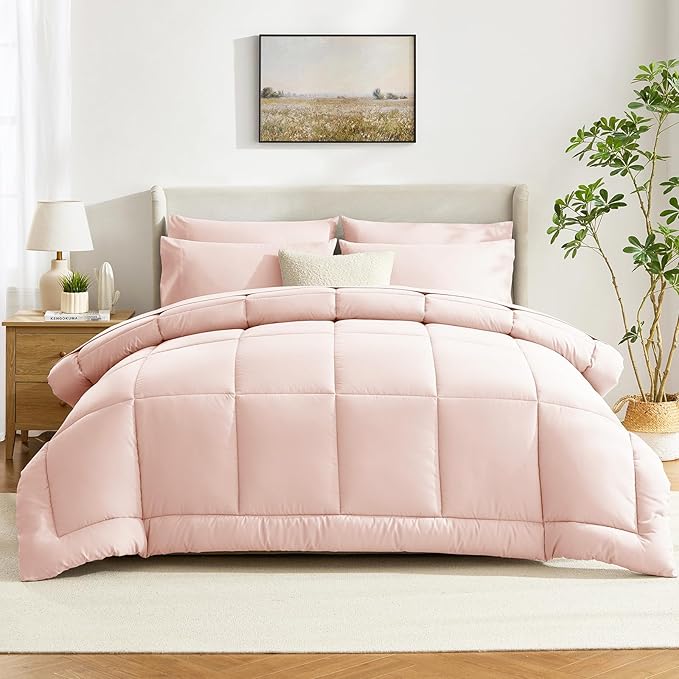 CozyLux Twin Comforter Set with Sheets Blush Pink, 5 Pieces Bed in a Bag, Pink Comforter Twin Size, All Season Bedding Set with Stitch Quilted Comforter, Flat Sheet, Fitted Sheet, Pillowcases