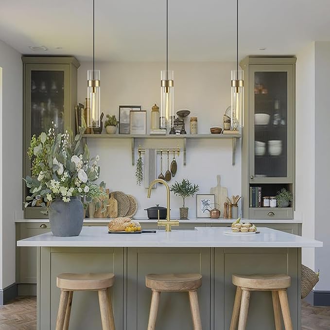 Modern Glass Brass Pendant Lights Kitchen Island, Adjustable Cord Pendant Light Fixtures, Kitchen Pendant Lighting Over Island, Indoor Chandelier for Bedroom Bathroom, Included Bulb