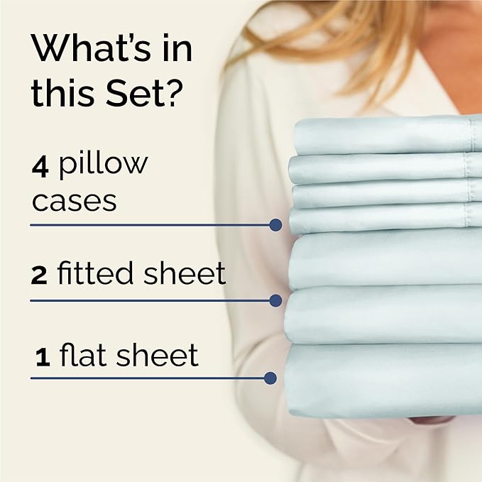 Split King Sheets Set 7 Piece - Includes 4 Pillowcases - Bed Sheets Split King - Soft Hotel Luxury Bedding - Cooling, Comfy & Breathable - 1 Flat & 2 Fitted & 4 Pillowcases w/ Deep Pockets - Ice Blue