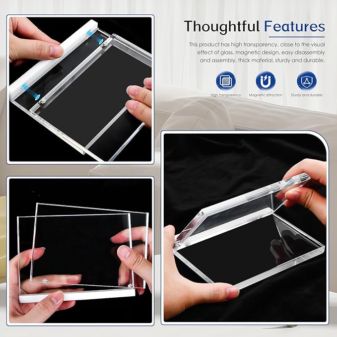 4-Pack 4x6 Acrylic Frame – Concealed Magnetic Free-Standing Horizontal Display, Clear Frameless Acrylic Frames for Pictures, Artworks, Postcards or Photo Prints on Desk, Shelves, and Office Decor