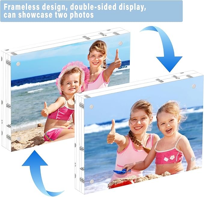 HELPLEX Acrylic Frames, 2 Pack 8.5x11, 24mm Thicker Frameless Clear Frame, Double Sided Magnetic, Free Standing Desktop Display