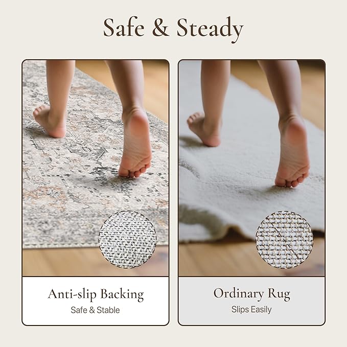 GENIMO 3x14 Runner Rugs for Hallway, Machine Washable Non Slip Vintage Rugs, Low Pile Soft Chenille Print Rug for enrtyway, Corridor, Home Office,Light Taupe Brown