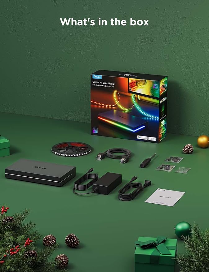 Govee HDMI 2.1 Sync Box 2, AI Sync Box with TV Backlight, Supports 8K@60Hz, 4K@144Hz, VRR and ALLM, Works with Matter and Alexa, RGBIC LED Light Strip for 75-85 inch TVs, 75 LEDs/m