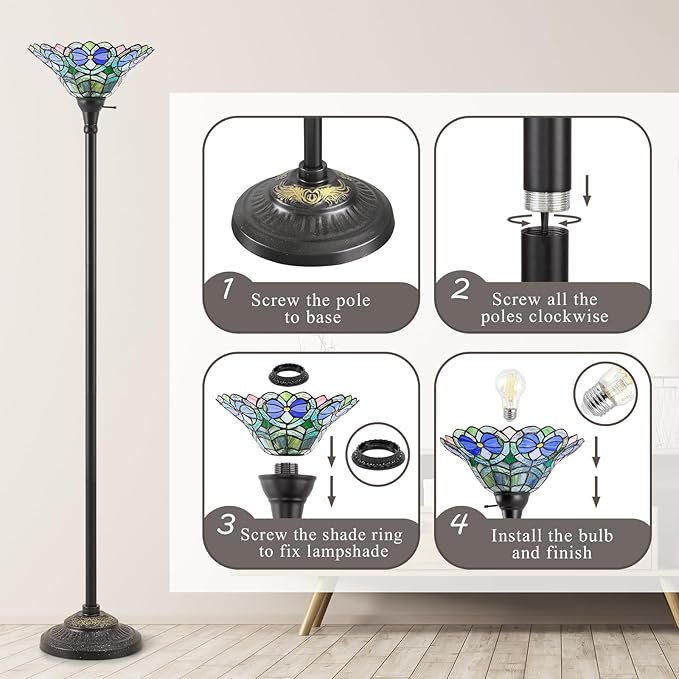 Luvkczc Tiffany Torchiere Floor Lamp - 70" Victorian Stained Glass Lamp Antique Tiffany Style Standing Light for Home,Office,Hotel Decor
