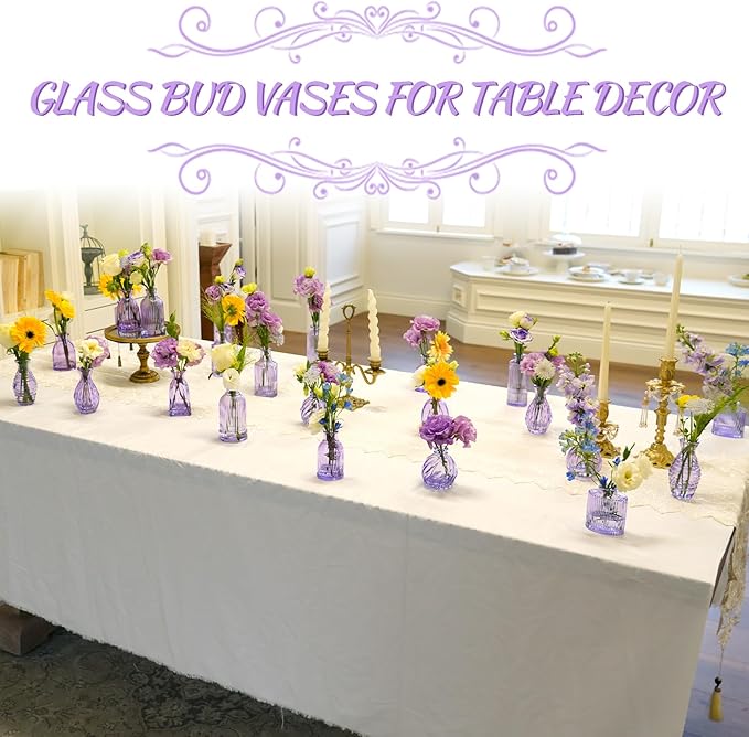Glass Bud Vases 24 in Bulk, Small Purple Vase Glass Vases for Flowers Modern Ribbed Colored Bud Vase for Decor Wedding Flower Vase in Bulk Vintage Decor Bridal Shower Centerpieces Home Decoration