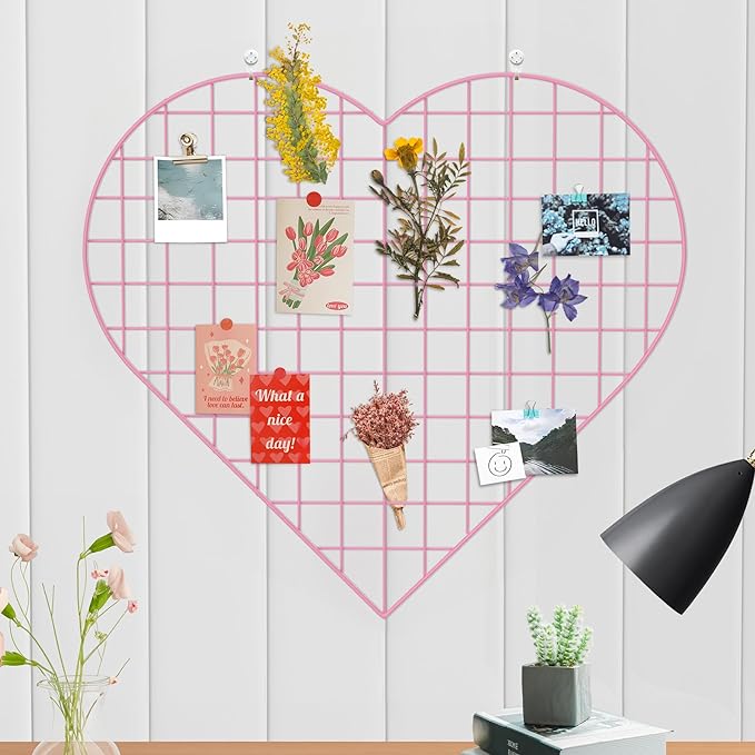 Grid Photo Wall Panels - 22.4"x20.4" Heart Shape Iron Rack Art Wire Board, Wall Grid Organizer, DIY Photo Frame for Home, Office, Kitchen, Bedroom, Christmas Gifts - Pink