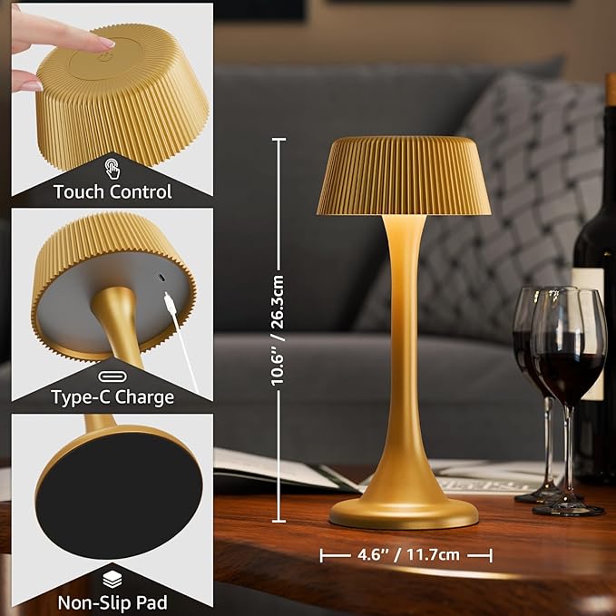 uuffoo Rechargeable Table Lamp, Outdoor Table lamp Cordless with Stepless Dimming & 3 Color Temperatures, Battery Operated Night Light for Patio, Bar, Restaurant, Home, Bedroom, Dining (Gold)