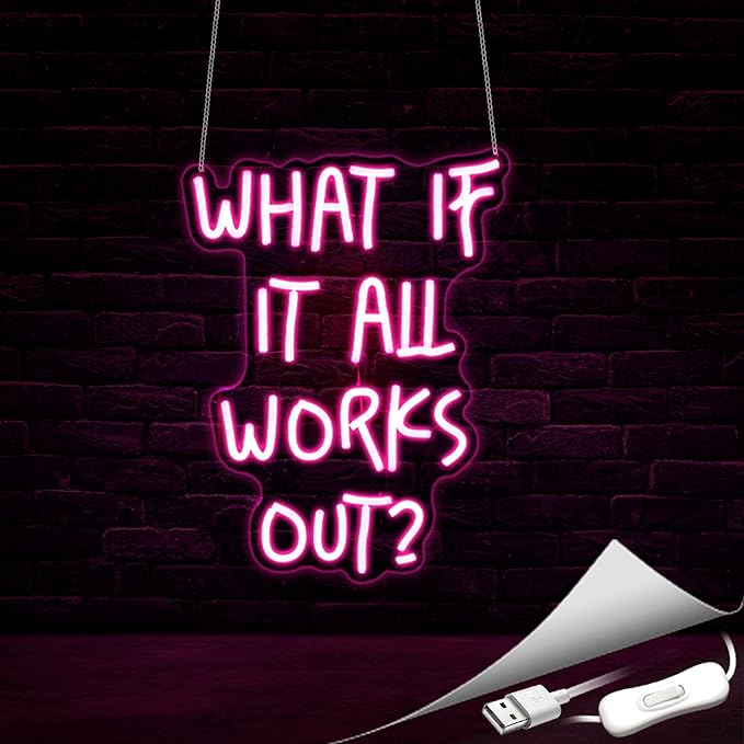 What If It All Works Out Neon Sign, Neon Signs for Wall Decor Neon Pink LED Signs Room Neon Light Up Signs Home Decor for Bedroom Club Party Bar Shop USB Operated