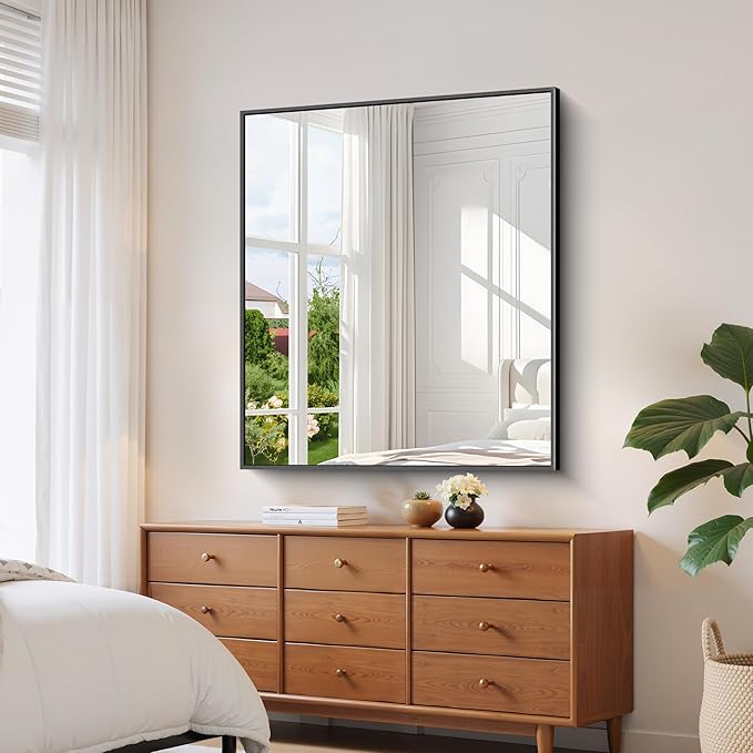 YIROMAN Bathroom Mirror for Wall 48"x40", Large Matte Black Bathroom Mirror with Metal Frame, Rectangular Vanity Mirror with Right Angles, Wall Mirror Hangs Horizontal or Vertical, Shatterproof