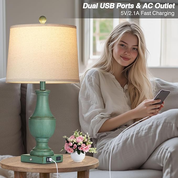 Farmhouse Table Lamp Set of 2, Rustic Touch Control 3-Way Dimmable Lamps with USB A+C Charging Ports & AC Outlet, Vintage Retro Antique Bedside Lamp for Living Room Bedrooms Nightstand Green