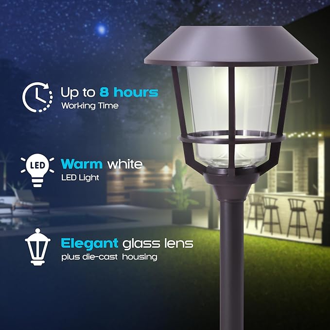 Solar LED Path Lights 4 Pack – 12 Lumens, Warm White, Oil-Rubbed Bronze, Solar Powered, Stainless Steel, Weather-Resistant for Garden, Walkway, Patio