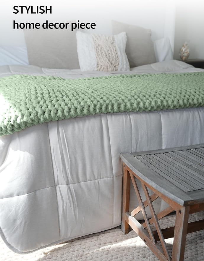 YnM Chunky Throw Blanket, Medium-Weight, Hand Knitted with Chenille Yarn, Skin Friendly, Ventilated and Breathable, Machine Washable, Home Décor Piece for Couch, Sofa and Bed (Sage Green, 50x60 Inch)