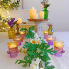 Double Sided Vintage Ribbed Taper Glass Candle Holders,Tea Candle Holder for Table Centerpieces, Wedding Decorations and Dinner Parties (Purple-Pink-Yellow, 6 PCS)