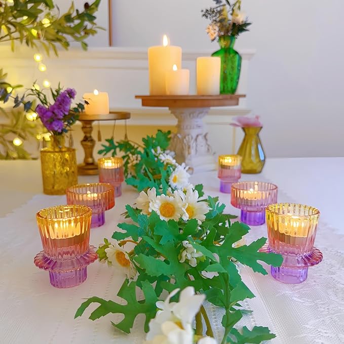 Double Sided Vintage Ribbed Taper Glass Candle Holders,Tea Candle Holder for Table Centerpieces, Wedding Decorations and Dinner Parties (Purple-Pink-Yellow, 6 PCS)
