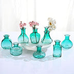 Bud Vases in Bulk Small Glass Green Vase Set of 8 Different Shape Smooth Surface Vintage Mini Tiny Vases Modern Cute for Flowers Table Wedding Decor Centerpieces Home Party Dining Room