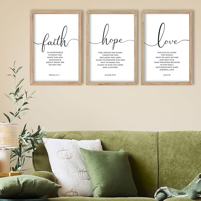 FZMHASLWW Faith Hope Love Sign Wall Decor 24"×16" Set of 3 Bible Verse Christian Scripture Wooden Framed Wall Hanging Art (Wood)
