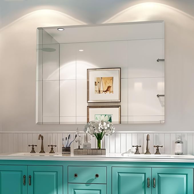 Mirrorons Beveled Mirror, Wall Mirror 40" x 30", Frameless Rectangle Bathroom Mirror with Beveled Edge, Hangs Horizontally or Vertically. Rounded Corner Tempered