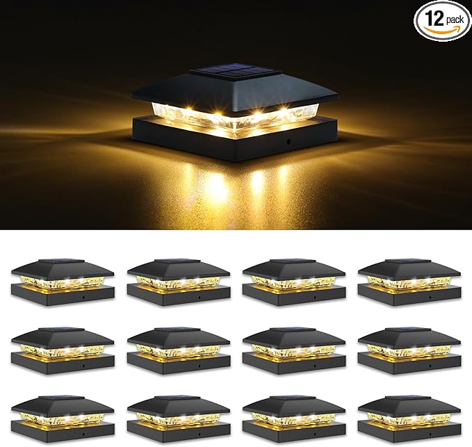 VOLISUN 4x4 Solar Post Cap Light 12pack,Solar Fence - Cap Lights Outdoor Waterproof for Wooden/Vinyl Post,Black Deck Post Cap Light Solar Powered with Warm White for Garden/Patio/Porch
