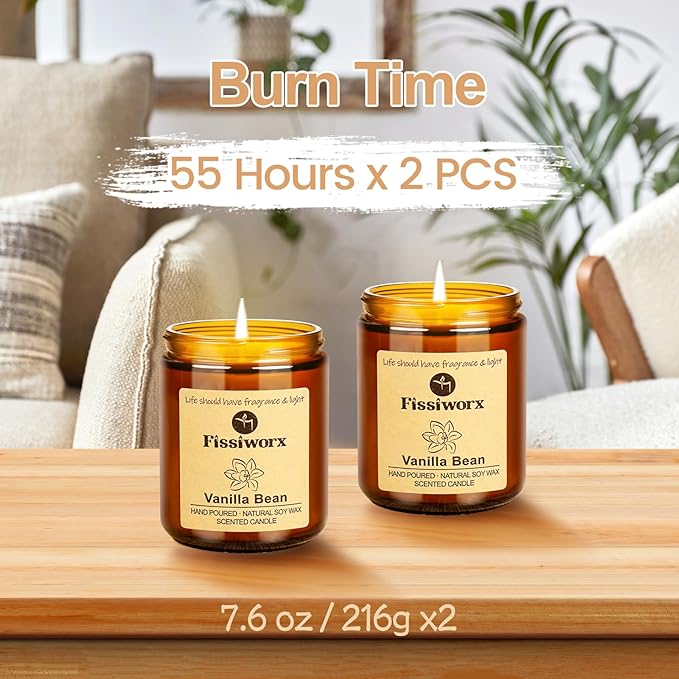 Vanilla Scented Candle Set 2 Pack, Candle for Home Scented, Odor Eliminating, Stress Relief, total15oz, 110 Hours Long Lasting Candles, Soy Candle Gift Set for Women