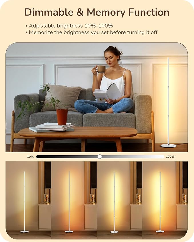 EDISHINE LED Corner Floor Lamp, 57.5" Minimalist Dimmable Sleek Light, Adjustable Height, Tall Floor Lamps for Living Room, Bedroom, Office, 3000K Warm White Light, White