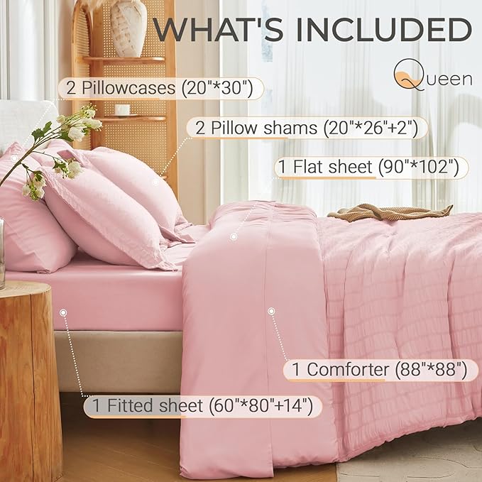 MUXHOMO 7 Pieces Queen Comforter Set, Seersucker Bed in a Bag Queen Size, All Season Luxury Bedding Set with Comforter, Flat Sheet, Fitted Sheet, Pillowcases & Shams, Pink