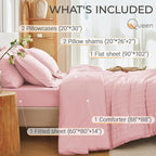 MUXHOMO 7 Pieces Queen Comforter Set, Seersucker Bed in a Bag Queen Size, All Season Luxury Bedding Set with Comforter, Flat Sheet, Fitted Sheet, Pillowcases & Shams, Pink