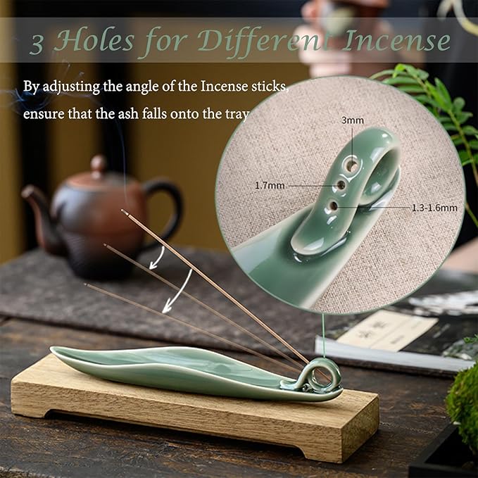 9" Length Incense Stick Holder with 3 Holes, White Porcelain Incense Tray Ash Cather for Spa, Meditation Room, Yoga, Home, Office (Green)