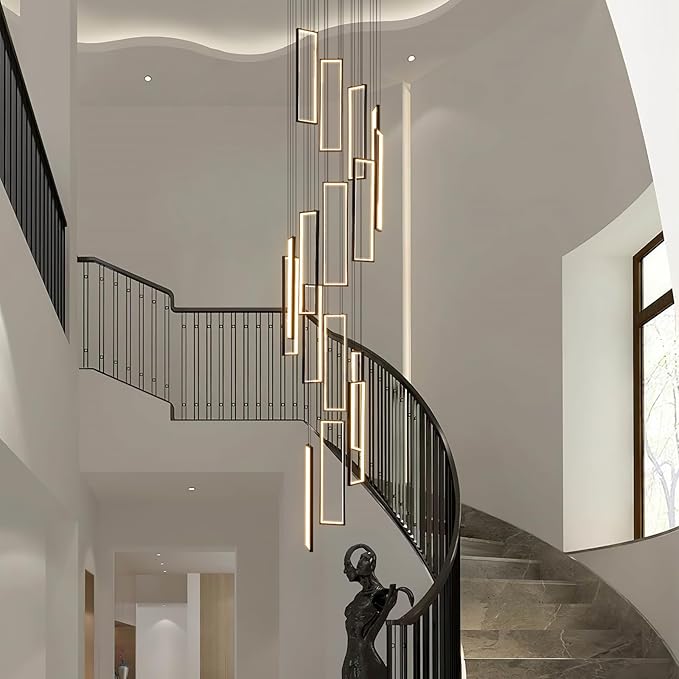 Modern Adjustable Height Pendant Light Fixture Black 288W LED Pendant Lights 16 Rings Rectangular Chandelier Staircase Large Chandelier Lobby Living Room Foyer High Ceiling Chandeliers