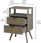 Rattan Nightstand,Farmhouse Bedside Table with 2 Storage Drawer and Open Wood Shelf, for Bedroom and Small Spaces,Night Stand with Solid Wood Legs (Grey Oak)