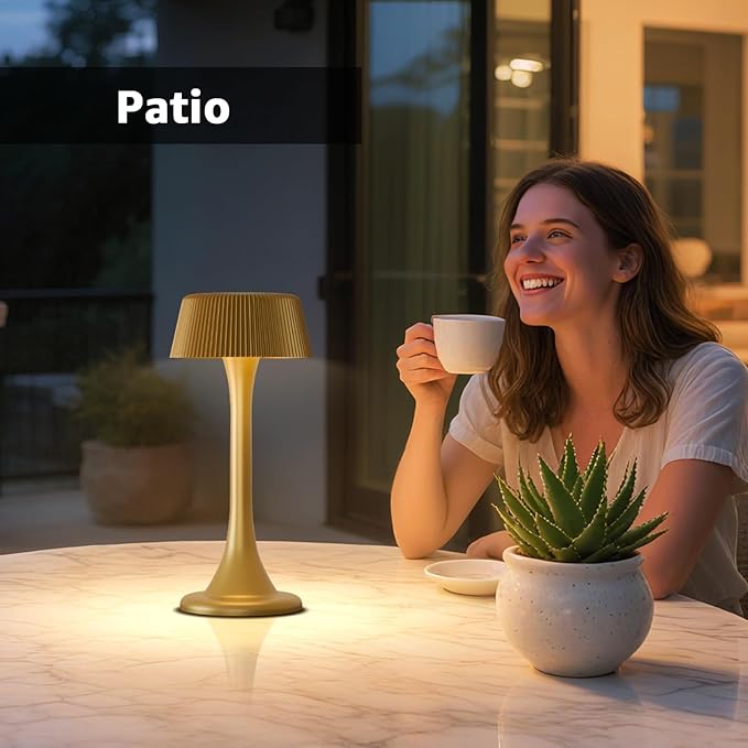 uuffoo Rechargeable Table Lamp, Outdoor Table lamp Cordless with Stepless Dimming & 3 Color Temperatures, Battery Operated Night Light for Patio, Bar, Restaurant, Home, Bedroom, Dining (Gold)