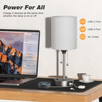 Grey Bedroom Lamp for Nightstand - 3 Color Temperature Table Lamp with USB C and A Ports, Pull Chain Bedside Lamp with AC Outlet, Desk Lamp with Silver Metal Base for Kids Girls