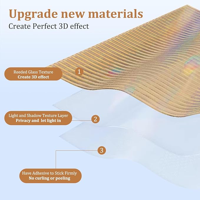 Beautyhero Window Privacy Film, Frosted Reeded Glass Cling, 3D Decorative Coverings with UV Blocking, Adhesive Stickers for Bathroom Doors Cabinet