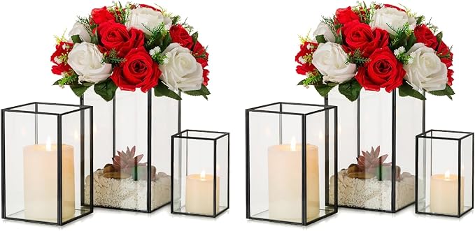 Glass Hurricane Candle Holder Large - Hewory 6pcs Black Rectangle Flower Holders Centerpiece for Table, Tall Floor Square Pillar Candle Lantern for Wedding, Anniversary, Party, Fireplace, Dining Room