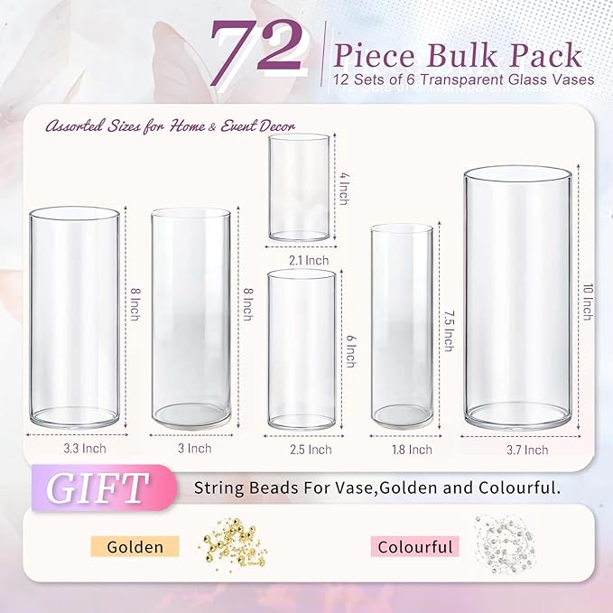 72pcs Glass Vase Cylinder Vases for Centerpieces Small Flower Glass Vases Home Decor Centerpiece Table Clear Flower Vase Decorations for Wedding＆Holiday 4,6,7.5,8,8,10 Inch Tall