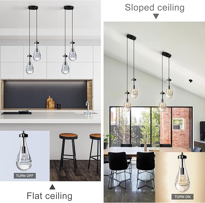 Modern Raindrop Pendant Lights, Black Cluster 2-Light Pendant Lights Kitchen Island, Bronze Bedside Pendant Lighting, Adjustable Suspension Cord for Dining Room,Bathroom,Bedroom,Bulb Included