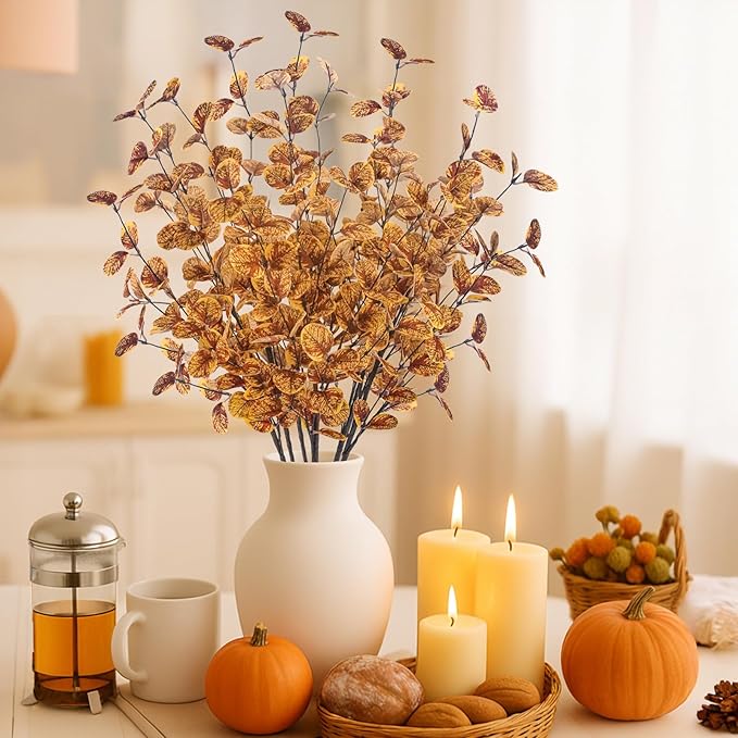 6pcs Artificial Fall Eucalyptus Stems Leaves Fall Decorations Silk Fake Eucalyptus Branches for Vase Boquets Autumn Home Wedding Table Thanksgiving Decor Yellow