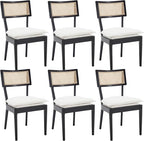 Rattan Dining Chairs Set Of 6 , Mid Century Modern Black Wooden Cane Back Chairs with Removable Sherpa Cushion , Retro Farmhouse Upholstered Kitchen & Dining Room Chairs for Restaurant Living Room