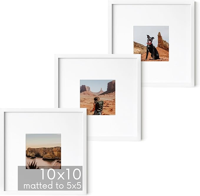 HAUS AND HUES 10x10 White Metal Picture Frames Matted to 5x5 - Features Premium Aluminum & Hanging Hardware, Shatterproof Plexiglass - Ideal for Home, Room, Office (10x10 in, White, Set of 3)
