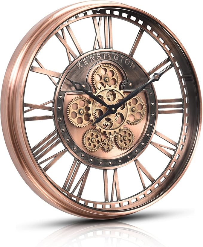 CLXEAST 21 Inch Large Roman Numeral Wall Clock with Moving Gears,Farmhouse Copper Rose Gold/Copper Metal Wall Clocks for Living Room Decor,House Warming Gifts New Home