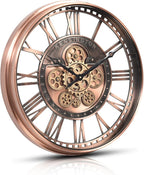 CLXEAST 21 Inch Large Roman Numeral Wall Clock with Moving Gears,Farmhouse Copper Rose Gold/Copper Metal Wall Clocks for Living Room Decor,House Warming Gifts New Home