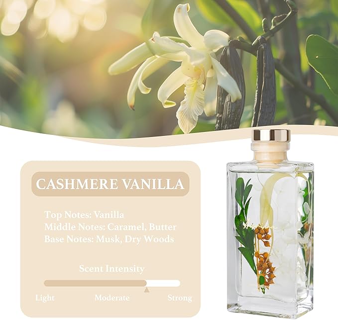 Flower Reed Diffuser Set, 5 oz Cashmere Vanilla Scent Diffuser with Sticks, Home Fragrance Scented Oil Reed Diffusers for Home, Bathroom, Decor & Gift