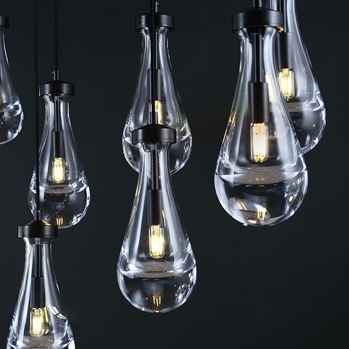 Raindrop 9-Light Chandeliers for Dining Room, Black Dining Room Lights Fixture Over Table, Teardrop Pendant Lights Kitchen Island, Adjustable Rope Hanging Lamp Ceiling for Living Room