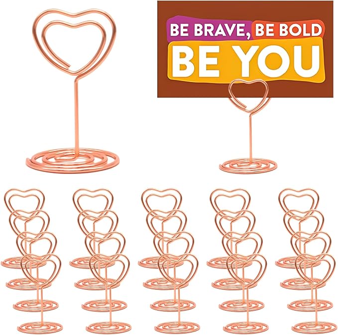 CUNGLIN Table Number Holders Place Card Holder Stand 20 Pack, Gold Heart Shape Holder for Wedding Party Mini Photo Playing Cards Holder Picture Menu Memo Clips