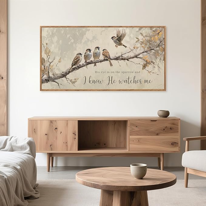 Aurlan His Eye is on the Sparrow Christian Wall Art Framed(40"x20"), Vintage Neutral Birds on Tree Branch Nature Canvas Artwork, Religious Faith Gift Bible Verse Scripture Print Decor for Home Office Bedroom