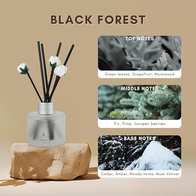 Brakula Reed Diffuser Set, Black Forest Scented， Reed diffusers for Home， Home Fragrance Diffuser with 7 Reed Sticks for Room/Bathroom Decor 3.38 fl oz(Black Forest)